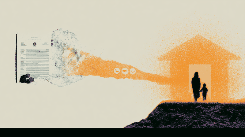 Illustration: a funding document slowly dissolves into an amber stream flowing toward a lit home where a parent and child stand together