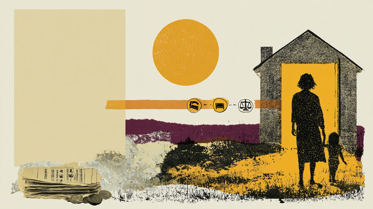 Cut-paper collage: a parent and child stand at the entrance of a warm home, icons for shelter, legal advocacy, and transport line the path behind them