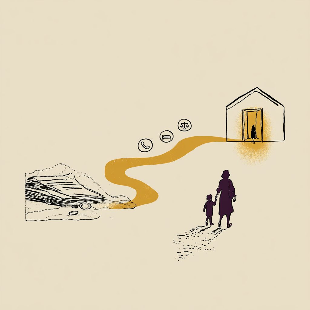 Illustration: a parent and child walk toward a warmly lit home, with a golden path leading from a stacked document through service icons including a hotline, shelter, and legal advocacy