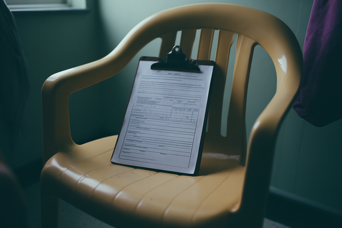 A clipboard with a blank form resting on a chair