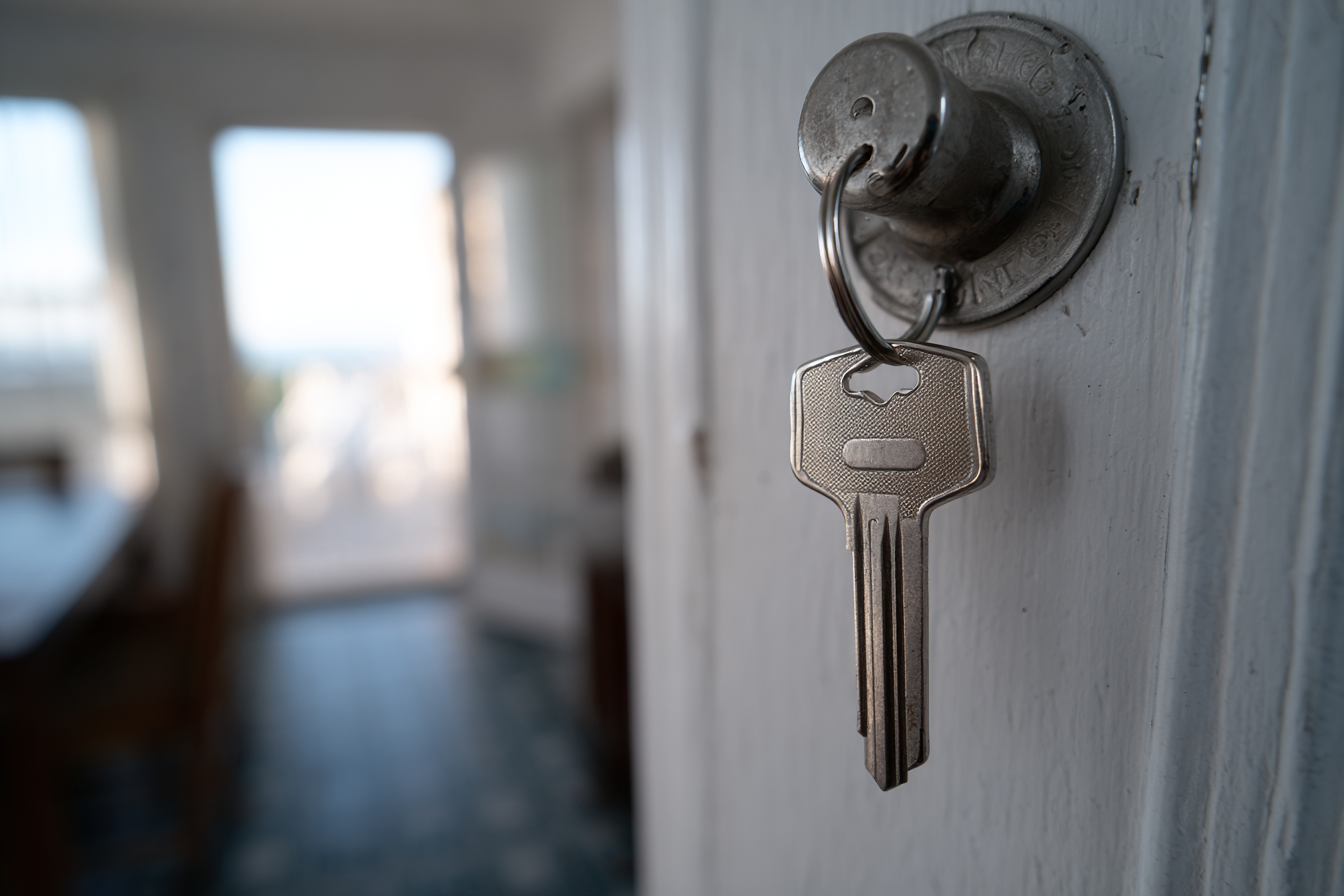 A key in a door lock with a hallway beyond