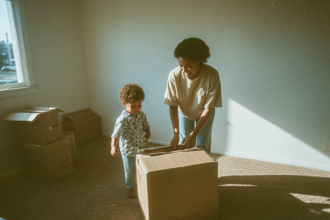 A woman and a young child unpack moving boxes in a sunlit room.